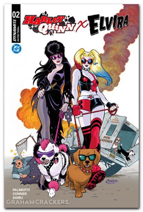 Harley Quinn X Elvira #2 (2025) cover e conner dogs foil variant
