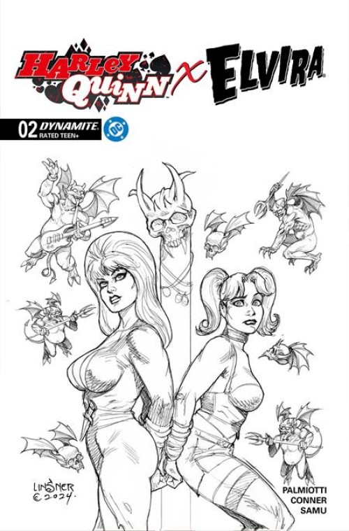 Harley Quinn X Elvira #2 (2025) cover t linsner b&w variant